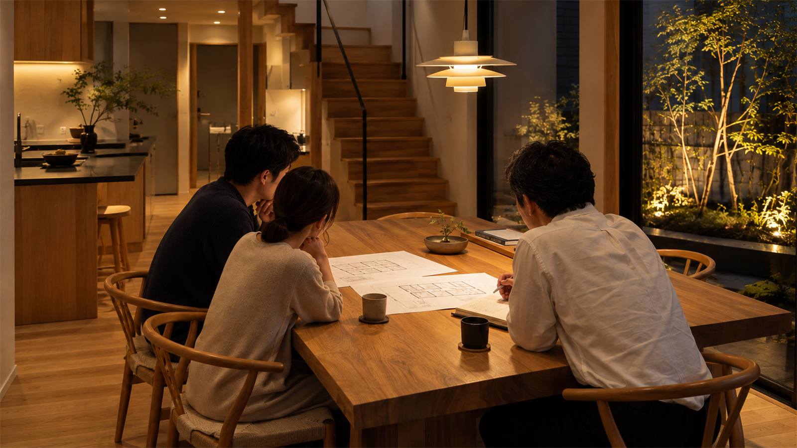 建築士が図面を前にご家族の話を聞く打ち合わせ